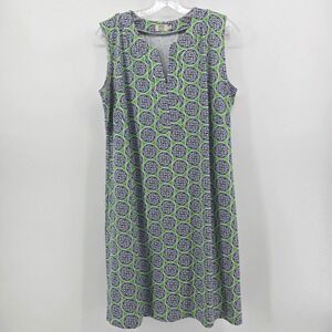 Katherine Way Dress Womens XL Green Navy Shift Sleeveless Stretch Made USA